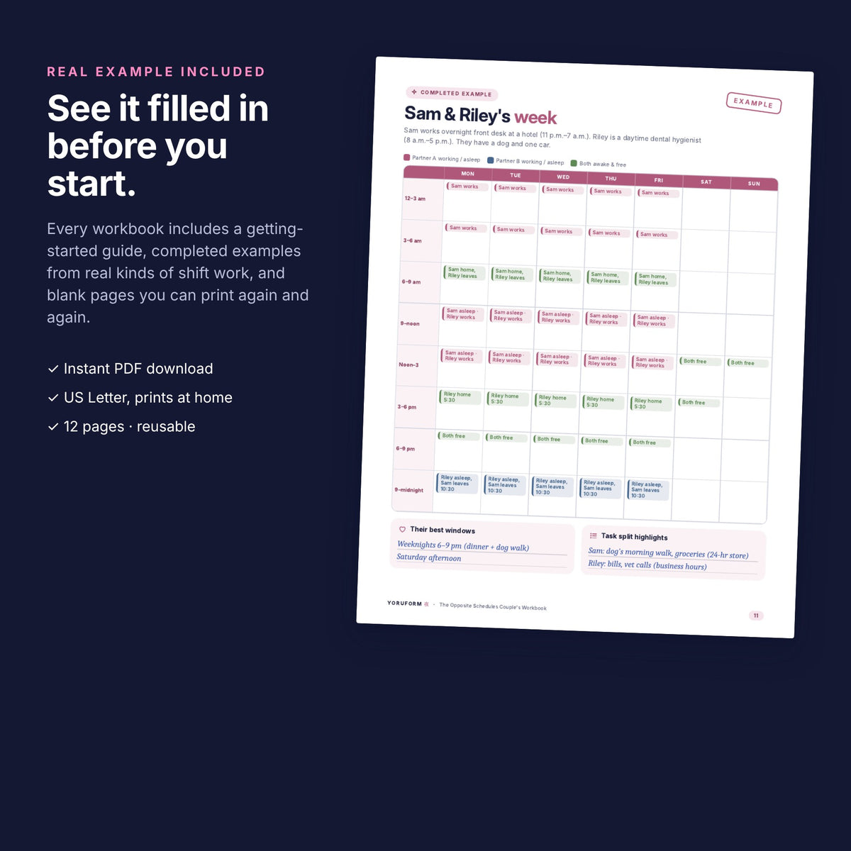 YORUFORM printable workbook completed example page