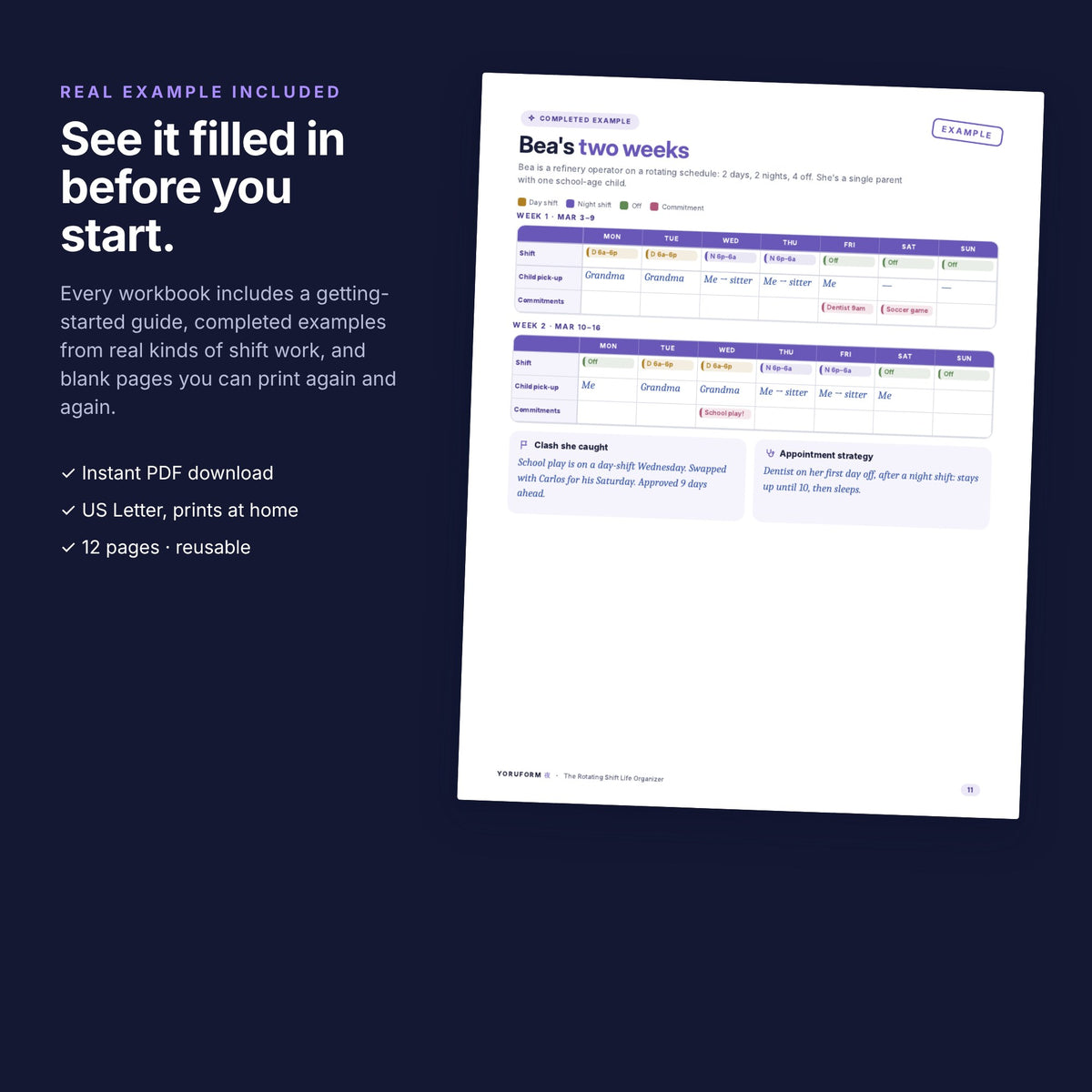 YORUFORM printable workbook completed example page