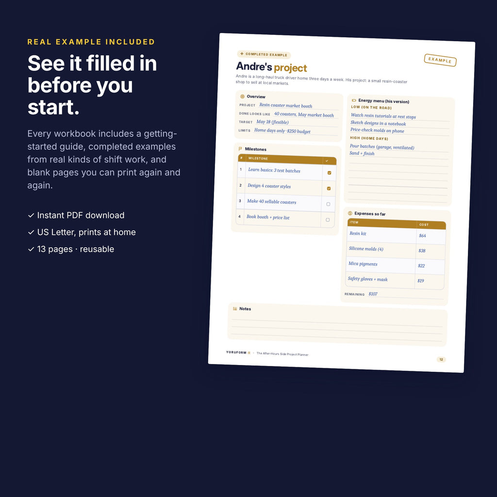 YORUFORM printable workbook completed example page