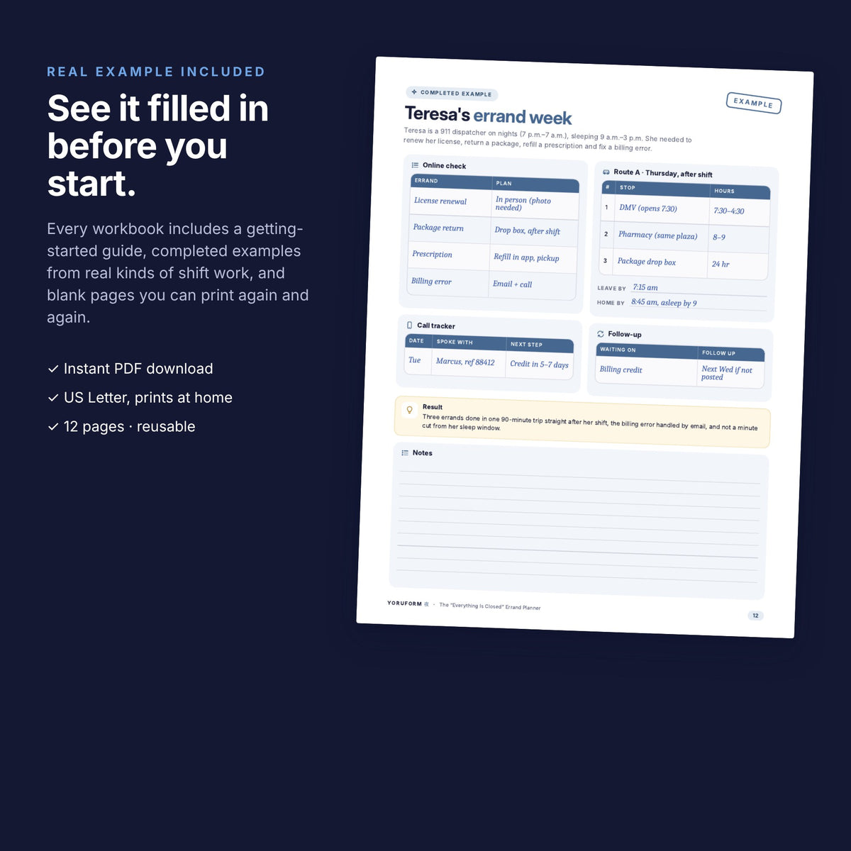 YORUFORM printable workbook completed example page