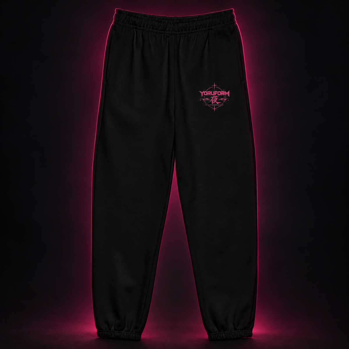 Black YORUFORM heavyweight sweatpants with pink logo on charcoal backdrop