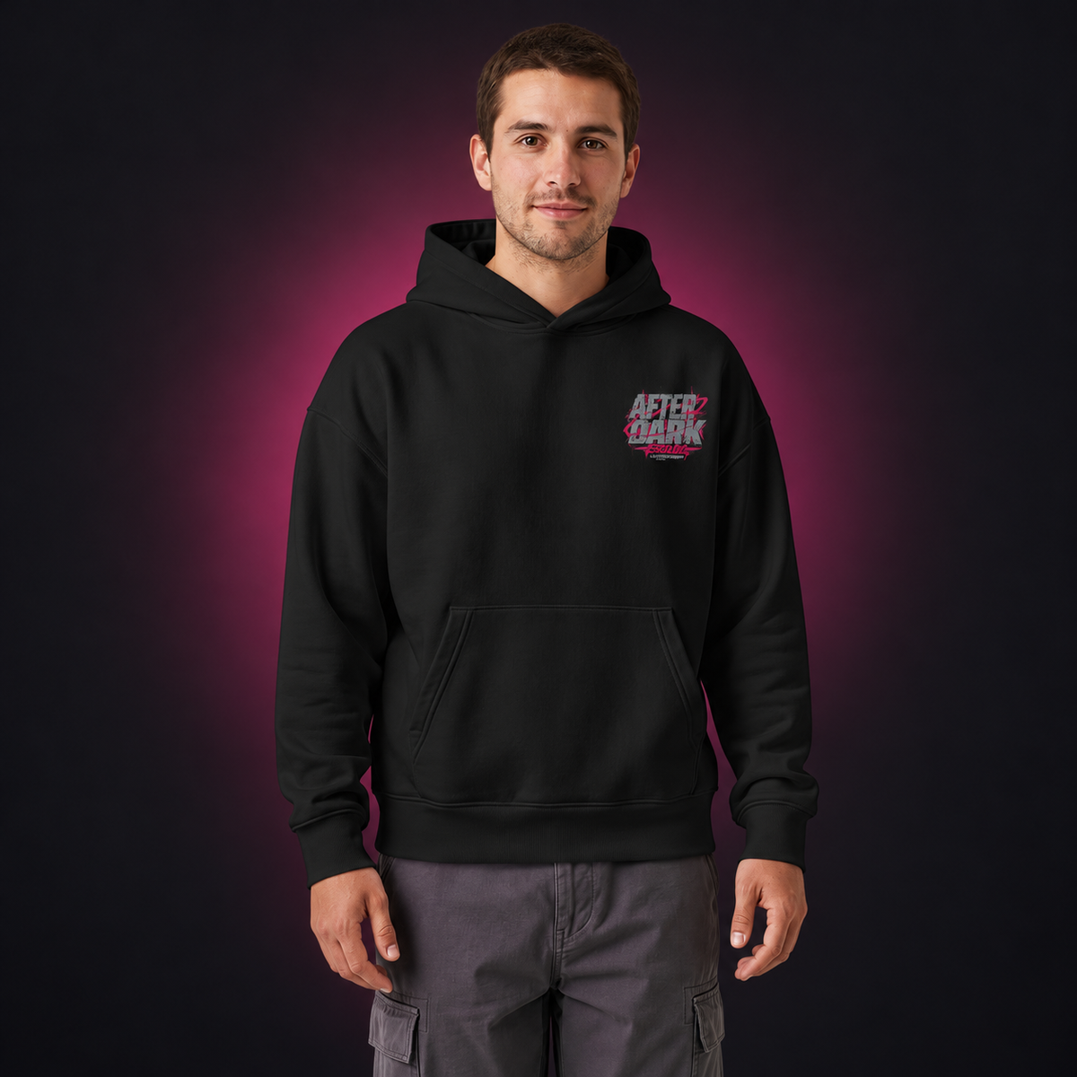 AFTER DARK / 001 — Relaxed Hoodie on charcoal studio backdrop