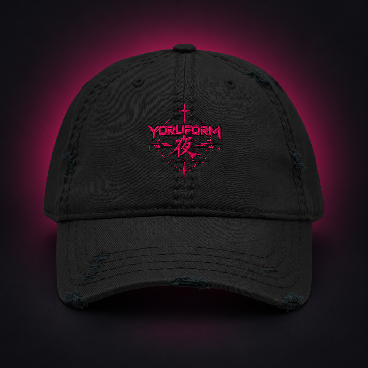 YORUFORM / 001 — Distressed Dad Cap on charcoal studio backdrop