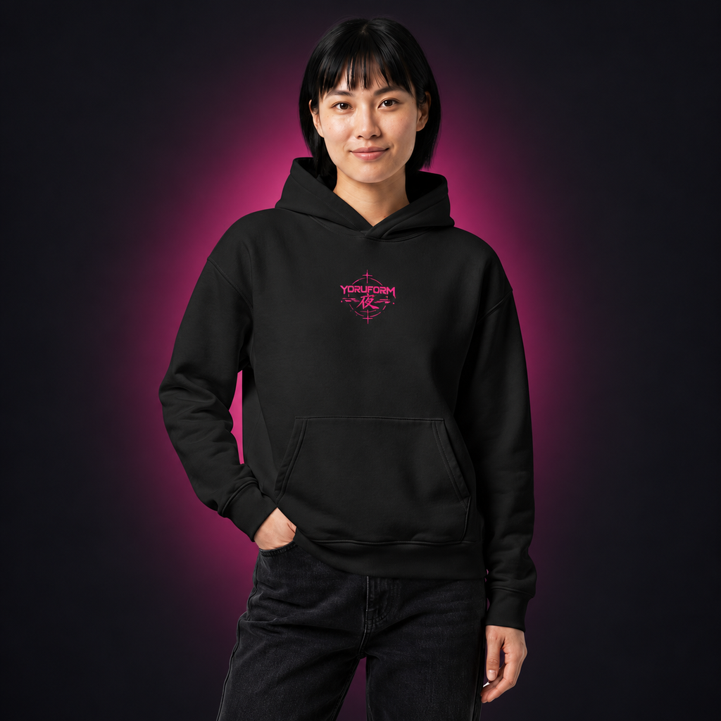 YORUFORM / 001 — Relaxed Hoodie on charcoal studio backdrop